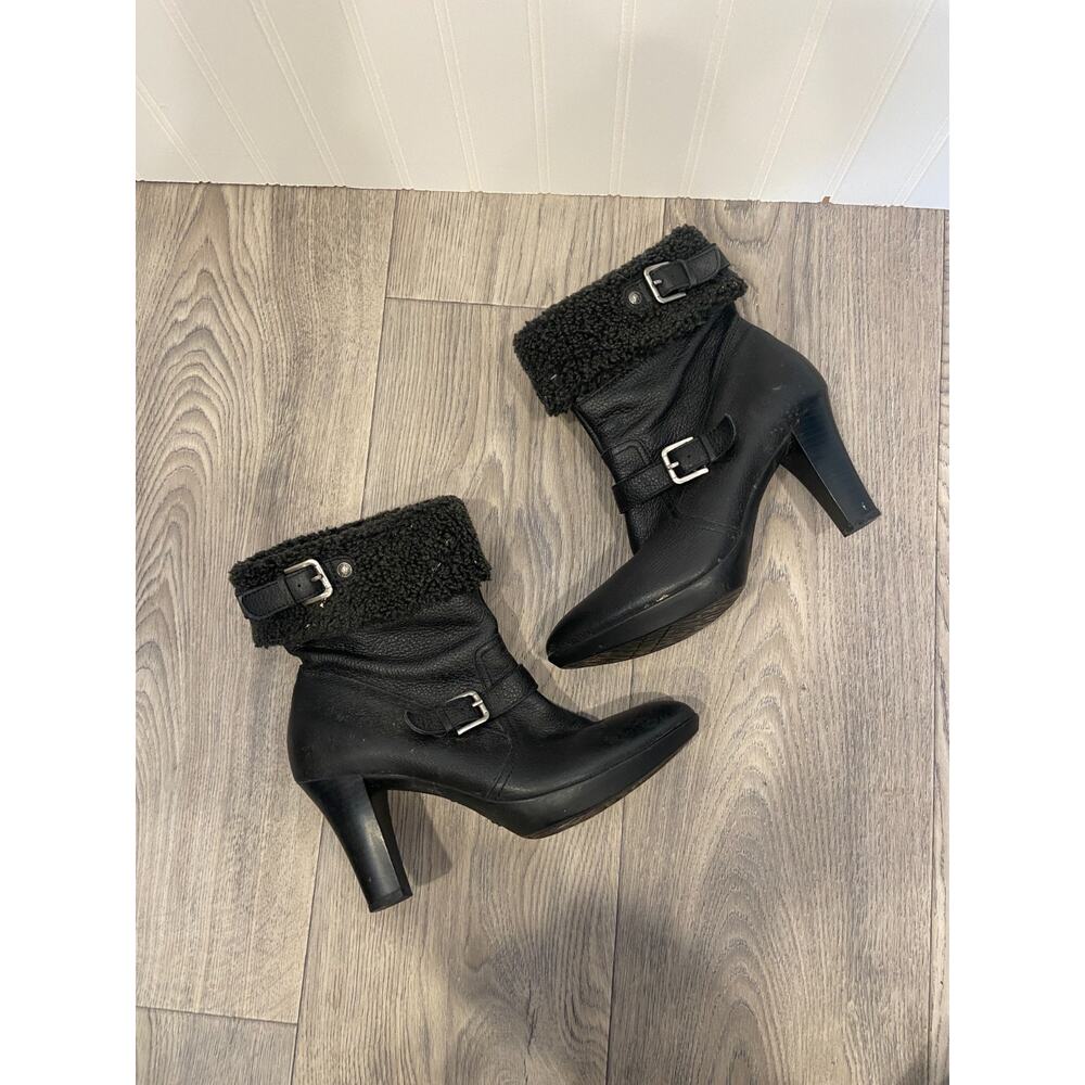 Anne Klein Boots Women's 8.5 Black Leather Ankle Shearling Side, Preppy